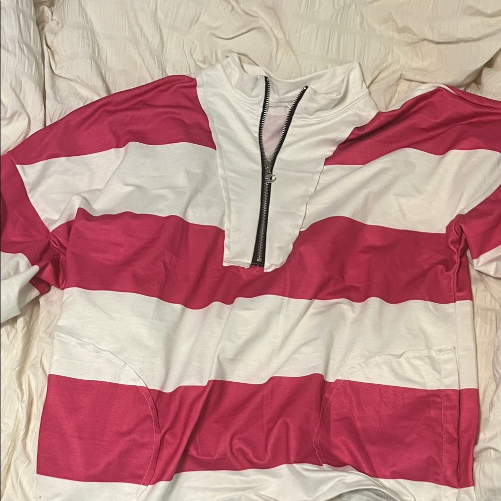 Pink and White Striped Quarter-Zip Pullover